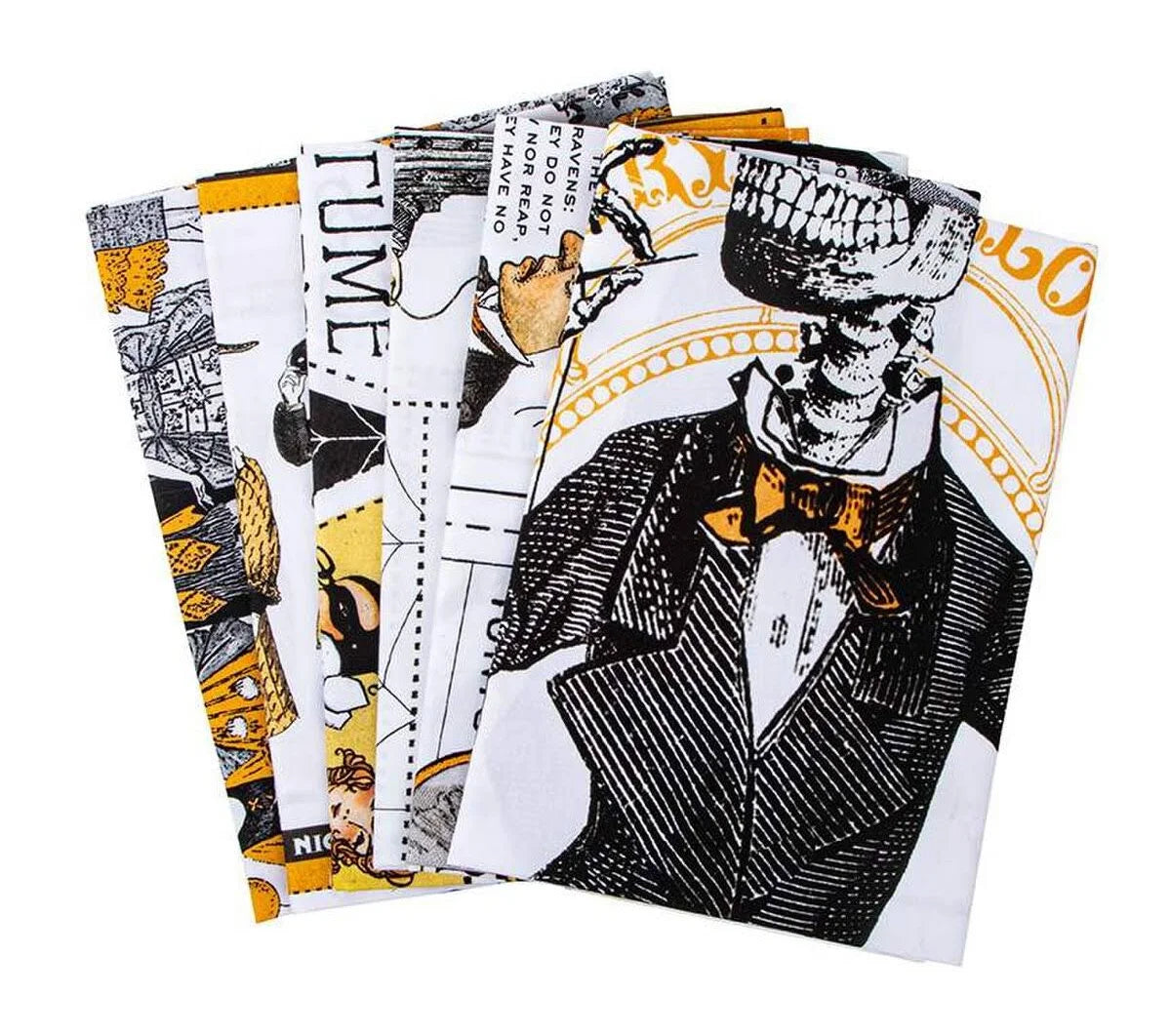 A set of four overlapping fabric napkins featuring a gothic skeleton illustration in black and white with orange accents, on a plain white background.