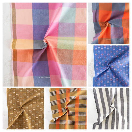 6 different colorful fabrics in plaids, stripes and flowers