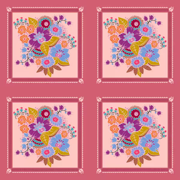 Four instances of a colorful floral design on a pink background