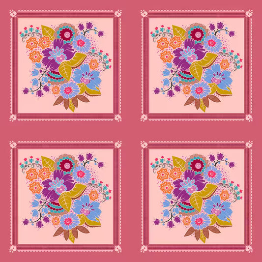 Four instances of a colorful floral design on a pink background