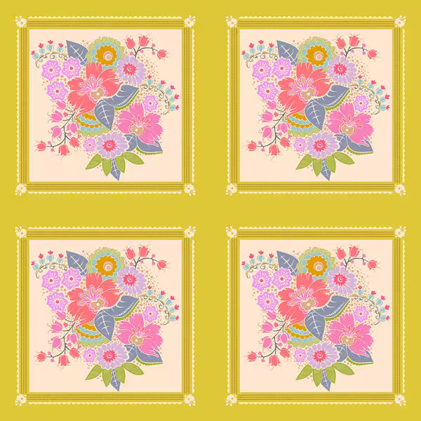 Four identical floral designs on a yellow background
