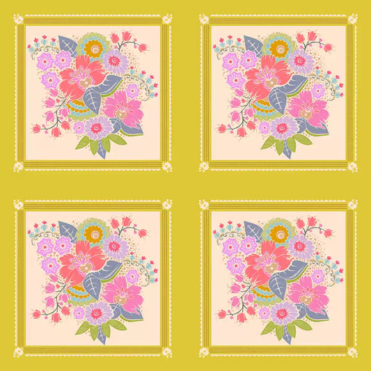 Four identical floral designs on a yellow background