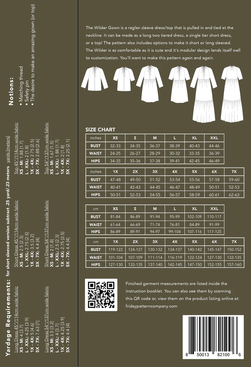 Size chart for a garment pattern on a brown background