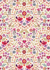 red birds and little flowers against a cream colored background 