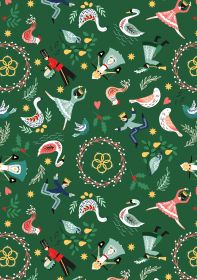 Gold Metallic on Green- The 12 Days of Christmas - Lewis & Irene - yard quilting fabric - digiprint fabric digital