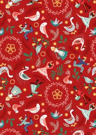Gold Metallic on Red - The 12 Days of Christmas - Lewis & Irene - yard quilting fabric - digiprint fabric digital