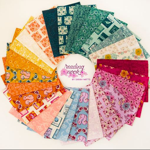 Collection of colorful fabric swatches with a 'reading nook' by Sarah Watts label.