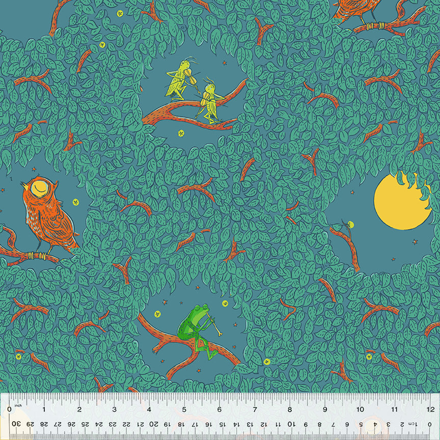 owl, crickets, frog on teal