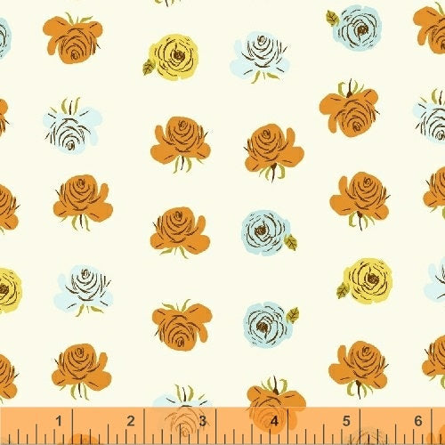Far Far Away 2 Roses - Heather Ross - Windham Fabrics half yard quilting fabric - flowers white orange blue yellow