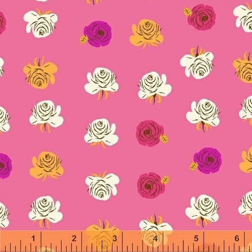 Far Far Away 2 Roses - Heather Ross - Windham Fabrics half yard quilting fabric - flowers pink yellow white