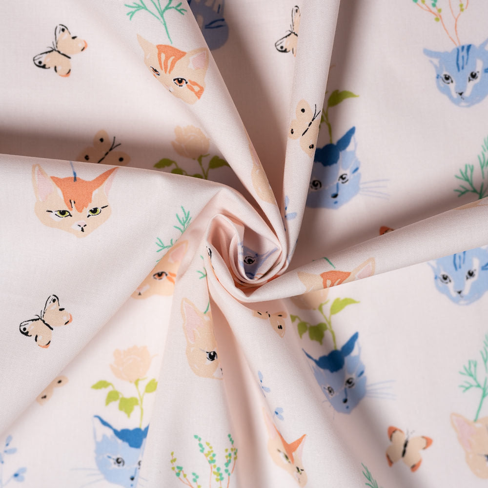 Kitty Garden Main Poplin - Jenny Ronen - Birch Fabrics - 180 thread count GOTS certified organic quilting cotton - cat fabric